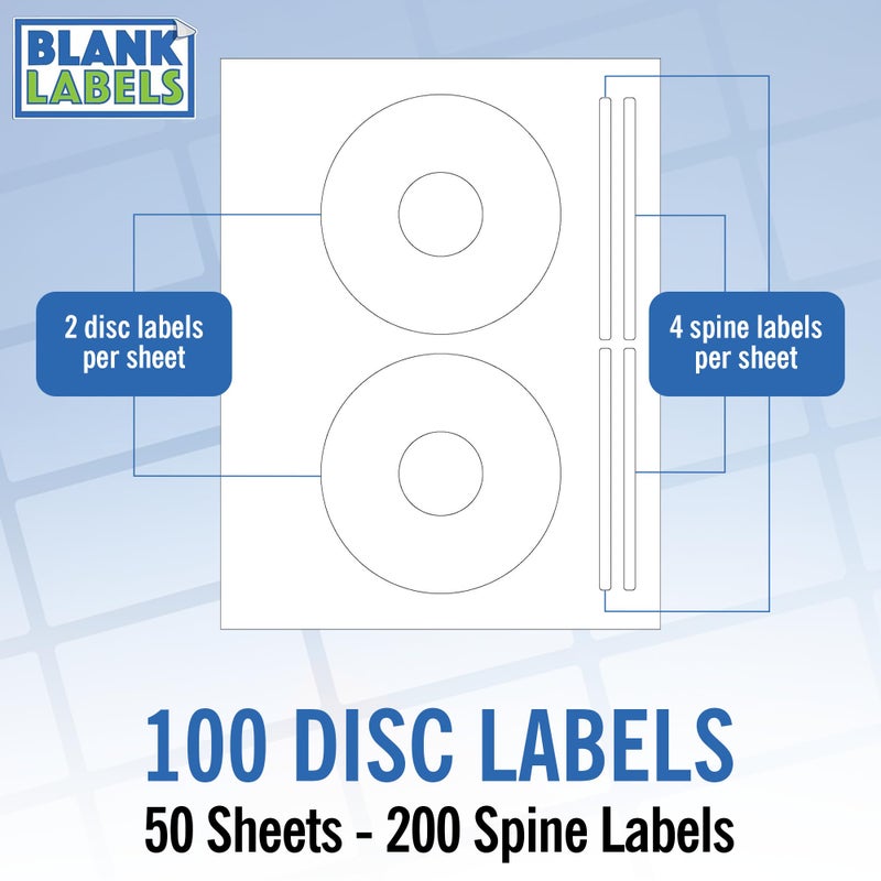 Blank Labels CD/DVD Label Full Face | Qty 100 Disc, 200 Spine | 50 Sheets Total | Permanent White Matte | Inkjet & Laser Compatible | Blank Label - Image 1